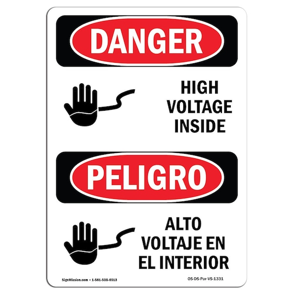 Safety Sign, OSHA Danger, 5" Height, High Voltage Inside Bilingual Spanish, 10PK